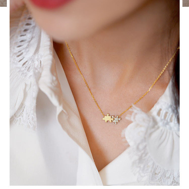 G1. Jigsaw Sterling Silver Necklace Gold Plated Zircon 925 Silver Jewelry