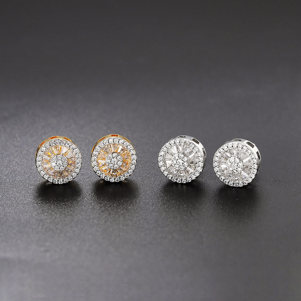 G1. Round Full Diamond Earrings, Zircon Micro-Inlaid