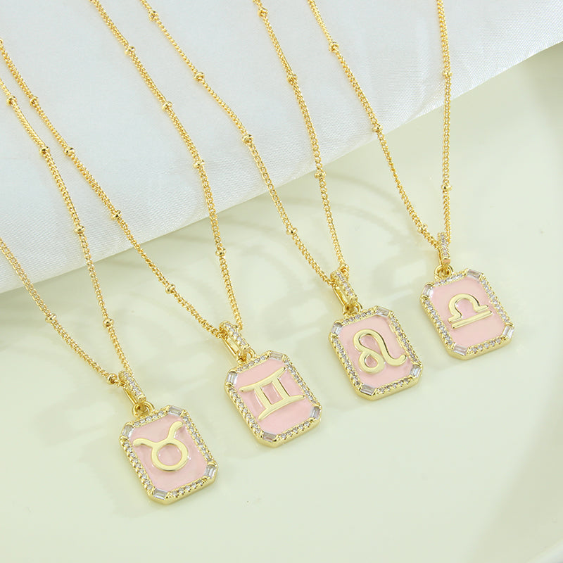G1. Twelve Constellations Necklace Gold Plated Pink Drop Oil Pendant
