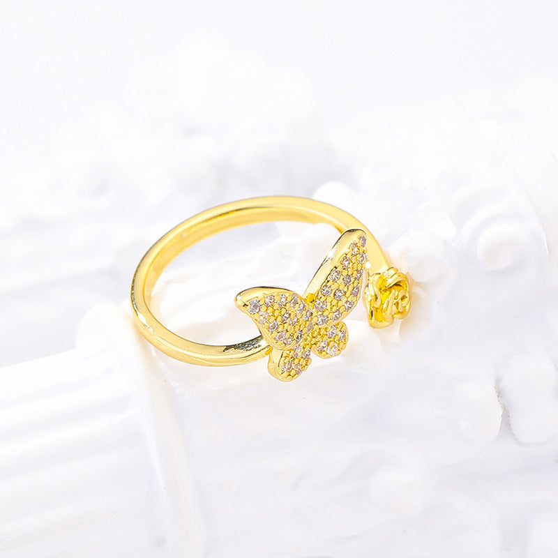 G1. Butterfly Micro Inlaid Zircon Open Ring Brass Gold Plated