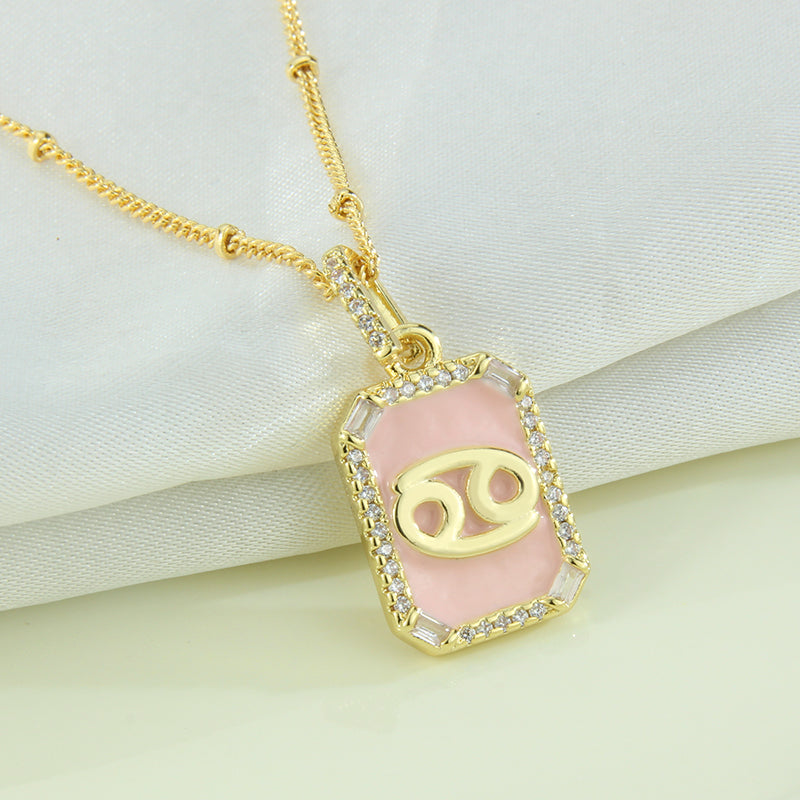 G1. Twelve Constellations Necklace Gold Plated Pink Drop Oil Pendant