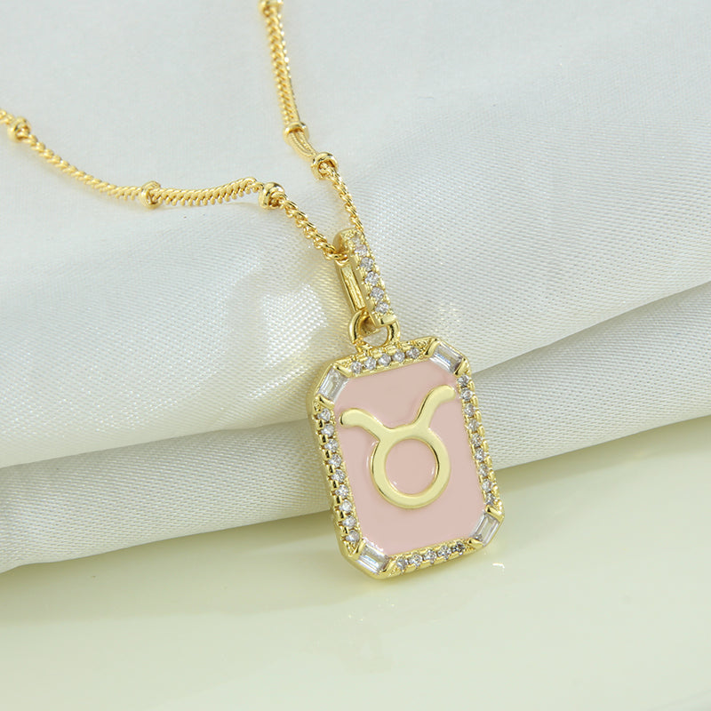G1. Twelve Constellations Necklace Gold Plated Pink Drop Oil Pendant