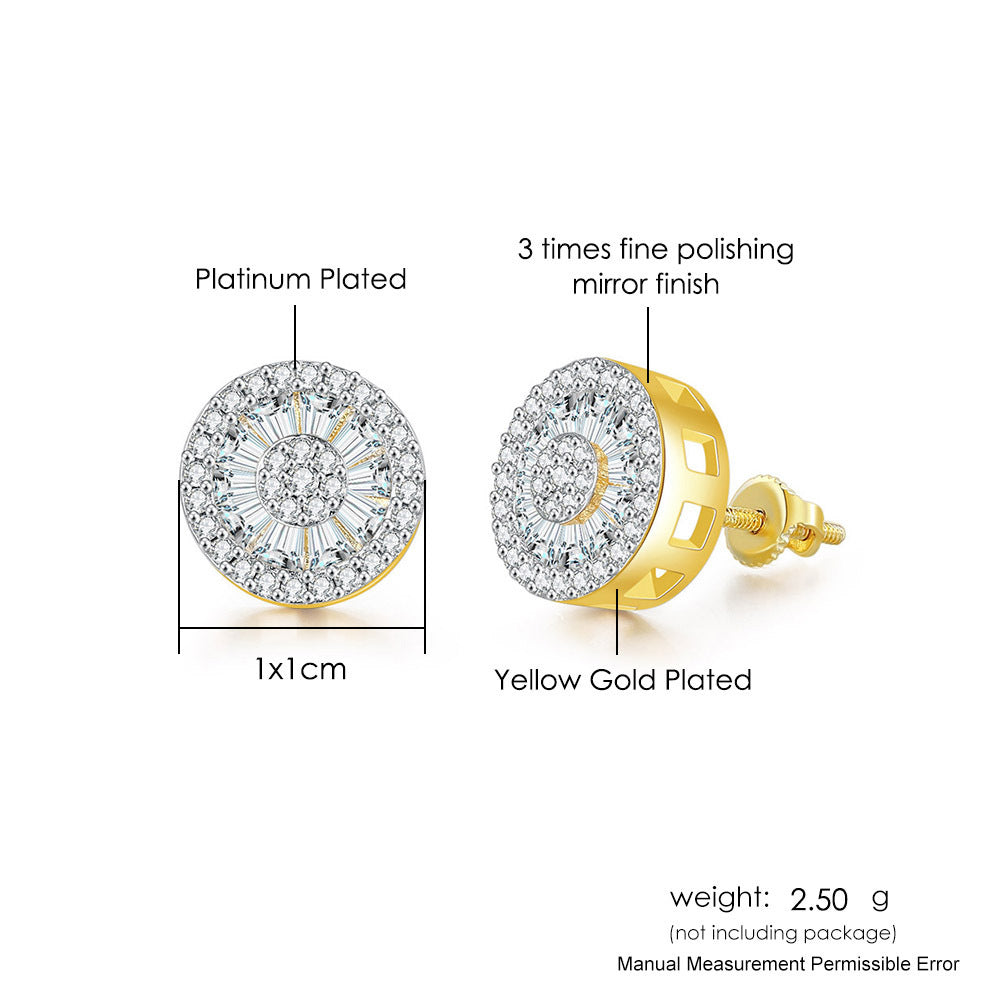 G1. Round Full Diamond Earrings, Zircon Micro-Inlaid