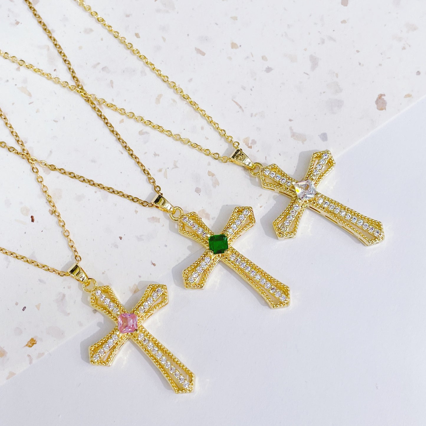 G1. Gold Plated Cross Pendant Necklace, Vintage Zircon Chain Women's Jewelry