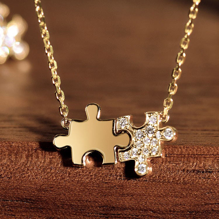 G1. Jigsaw Sterling Silver Necklace Gold Plated Zircon 925 Silver Jewelry