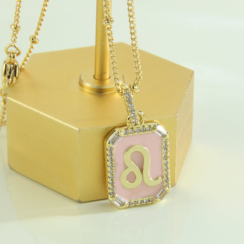 G1. Twelve Constellations Necklace Gold Plated Pink Drop Oil Pendant