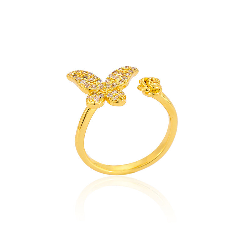 G1. Butterfly Micro Inlaid Zircon Open Ring Brass Gold Plated