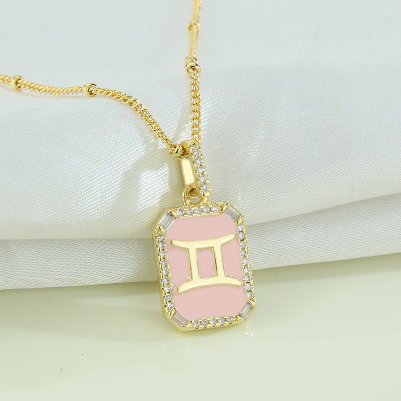 G1. Twelve Constellations Necklace Gold Plated Pink Drop Oil Pendant