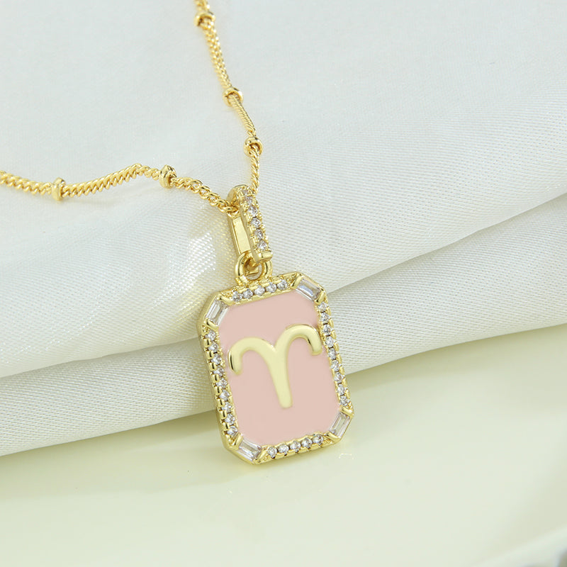 G1. Twelve Constellations Necklace Gold Plated Pink Drop Oil Pendant