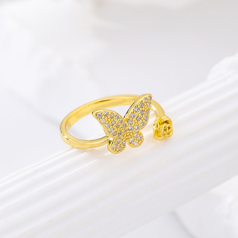 G1. Butterfly Micro Inlaid Zircon Open Ring Brass Gold Plated