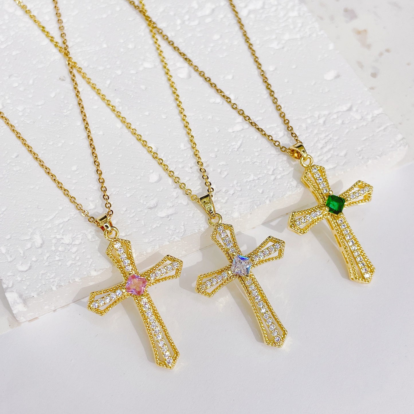 G1. Gold Plated Cross Pendant Necklace, Vintage Zircon Chain Women's Jewelry