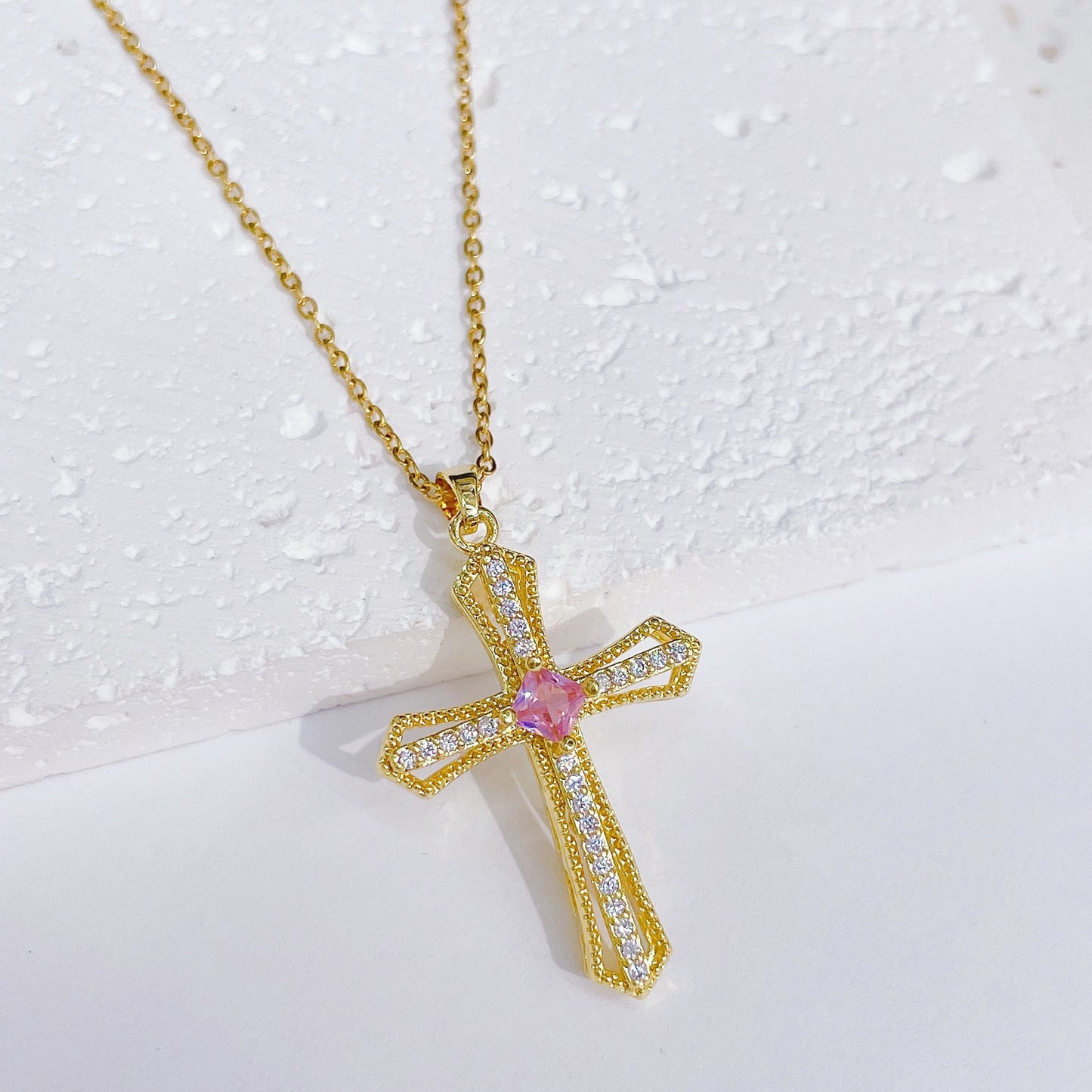 G1. Gold Plated Cross Pendant Necklace, Vintage Zircon Chain Women's Jewelry