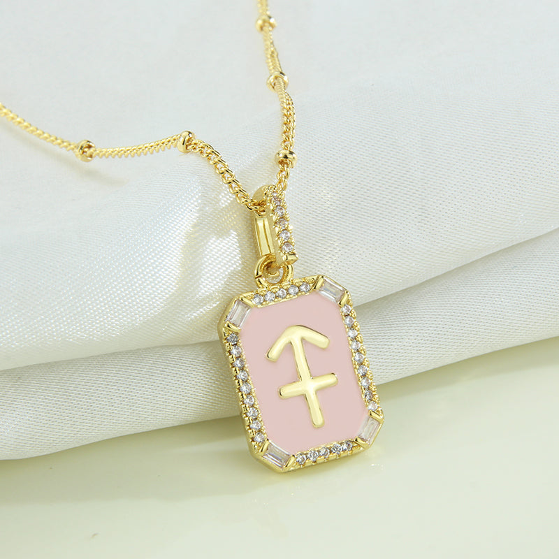 G1. Twelve Constellations Necklace Gold Plated Pink Drop Oil Pendant