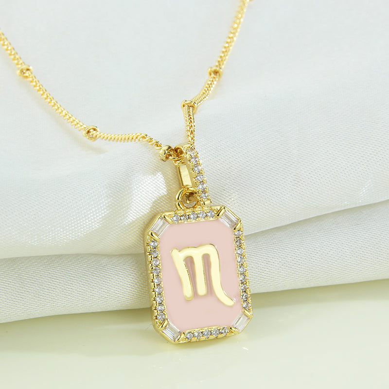 G1. Twelve Constellations Necklace Gold Plated Pink Drop Oil Pendant