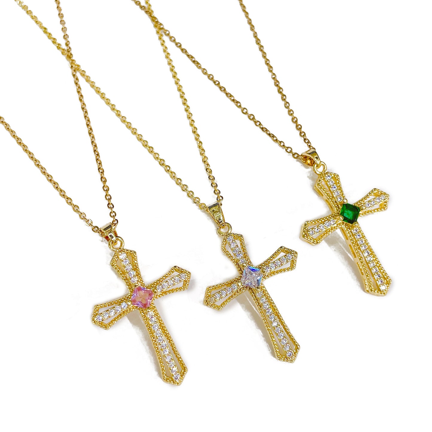 G1. Gold Plated Cross Pendant Necklace, Vintage Zircon Chain Women's Jewelry