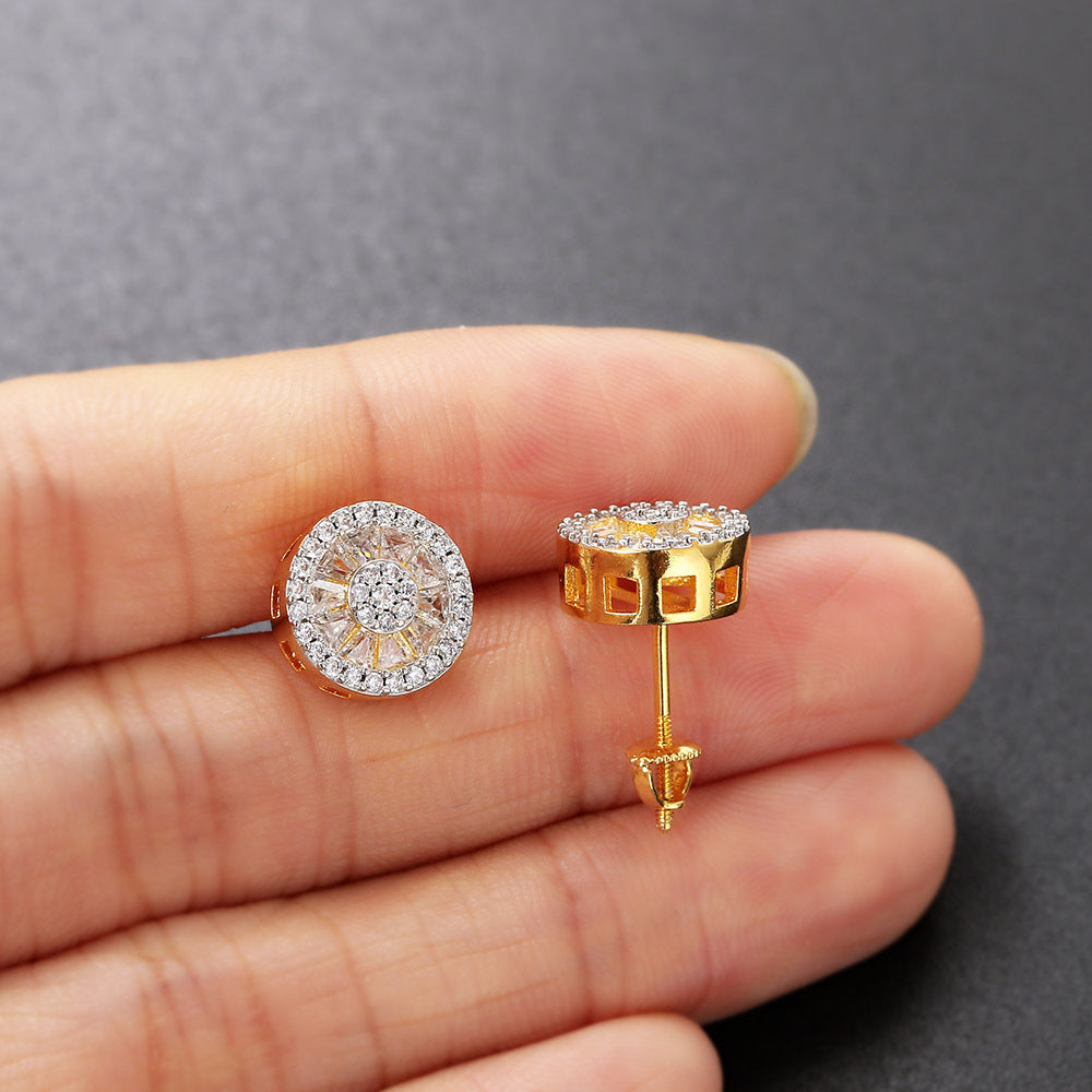 G1. Round Full Diamond Earrings, Zircon Micro-Inlaid