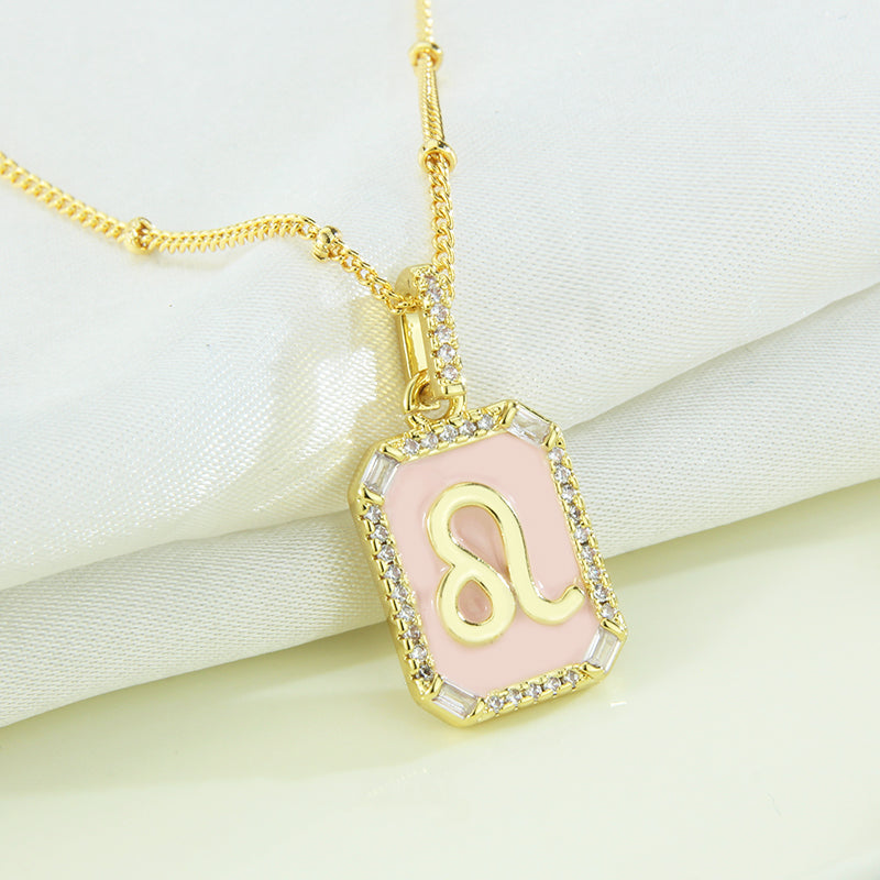 G1. Twelve Constellations Necklace Gold Plated Pink Drop Oil Pendant