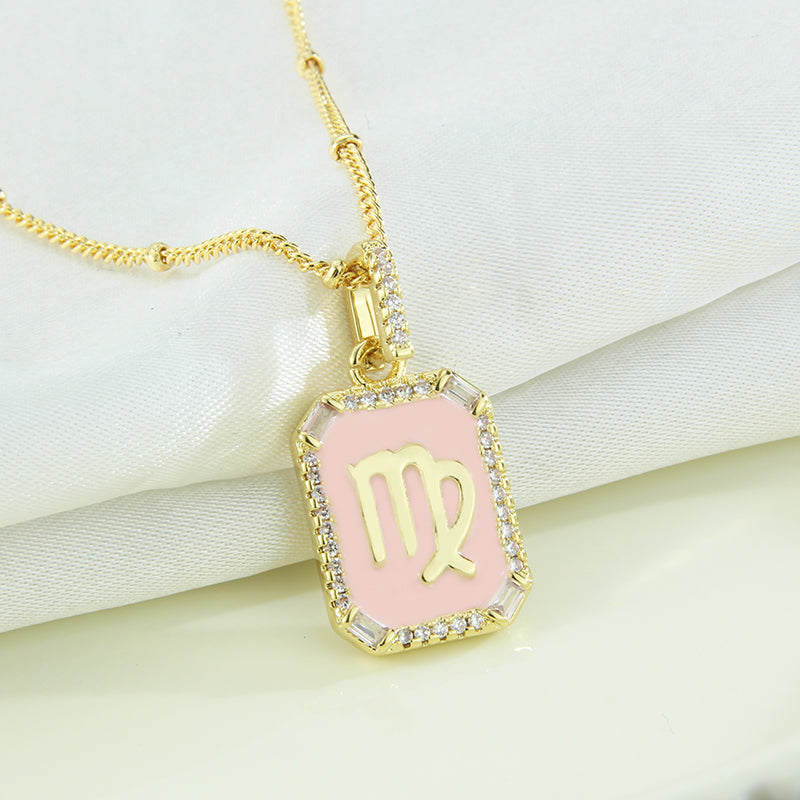 G1. Twelve Constellations Necklace Gold Plated Pink Drop Oil Pendant