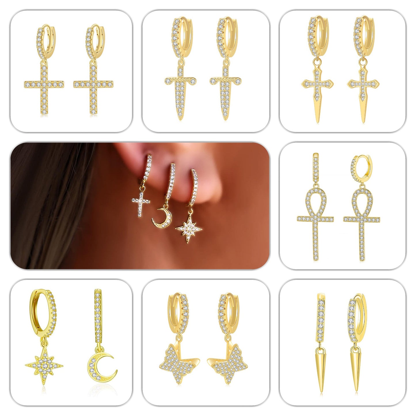 G1. Zircon Earrings Cross Butterfly Star Moon, Gold Plated