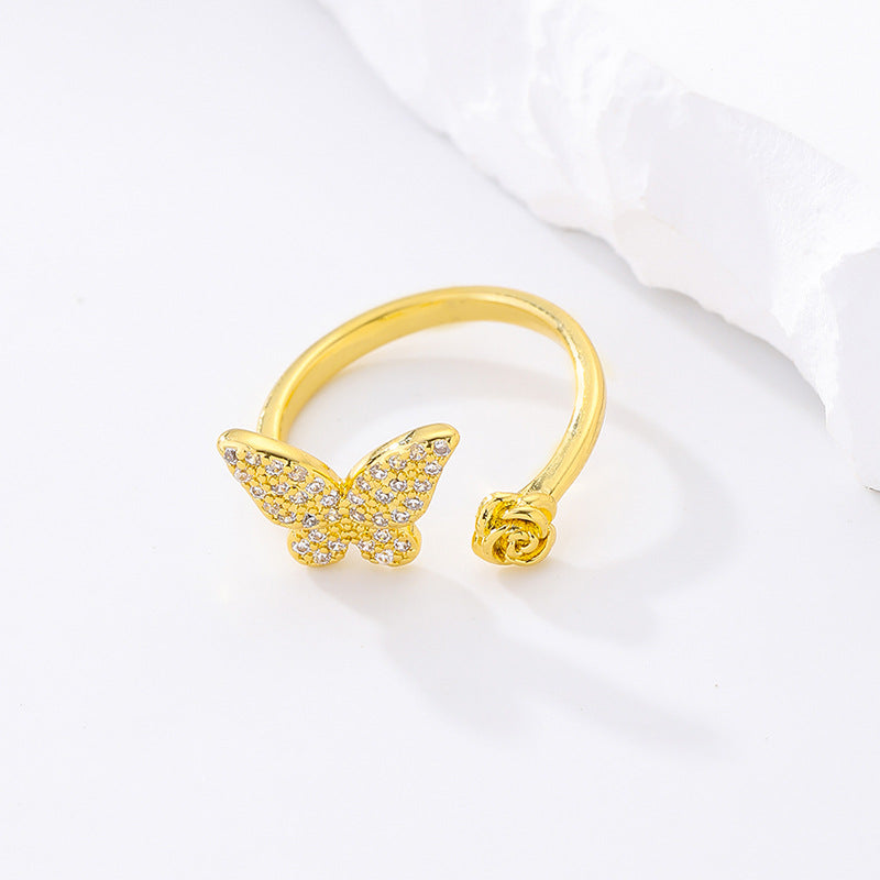 G1. Butterfly Micro Inlaid Zircon Open Ring Brass Gold Plated