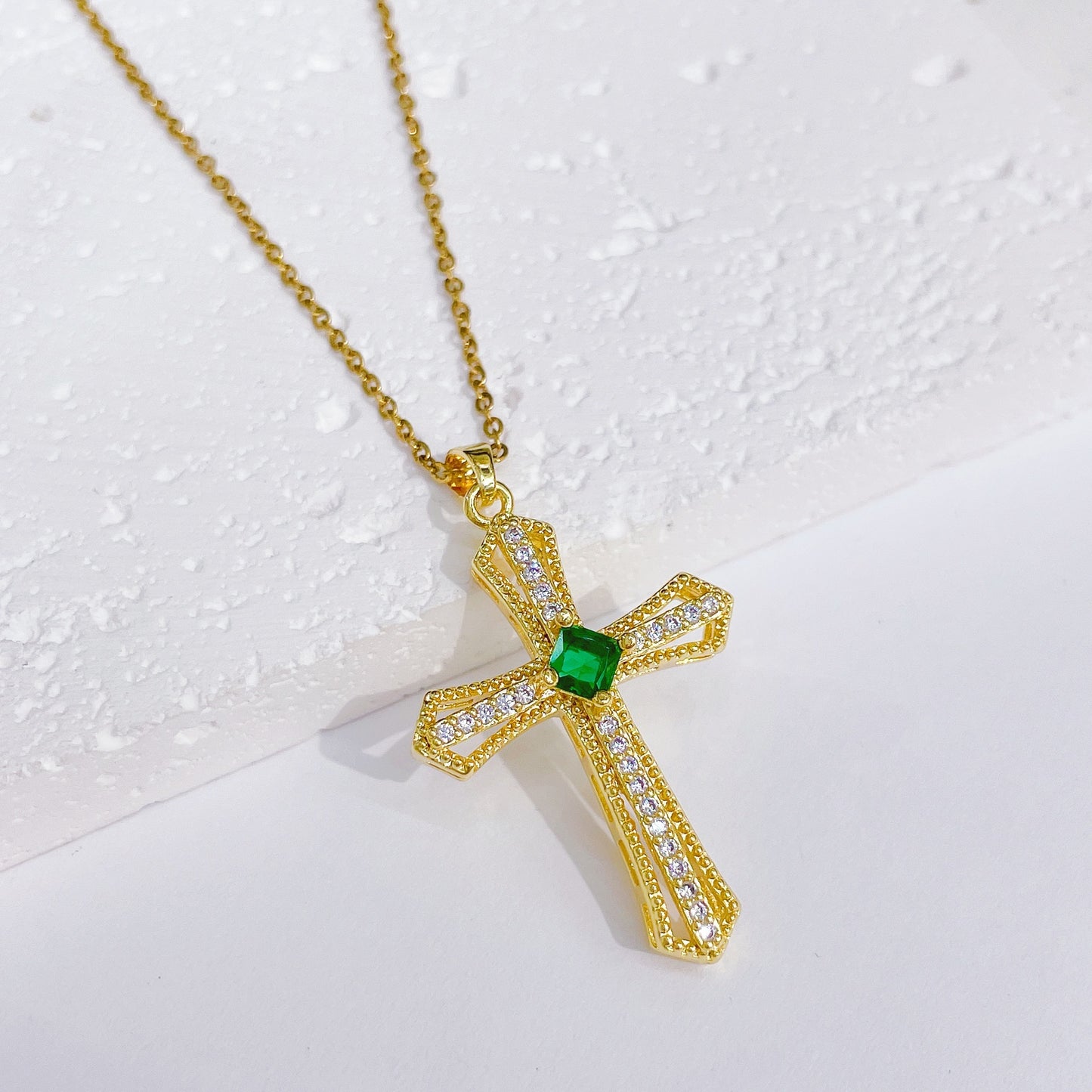G1. Gold Plated Cross Pendant Necklace, Vintage Zircon Chain Women's Jewelry