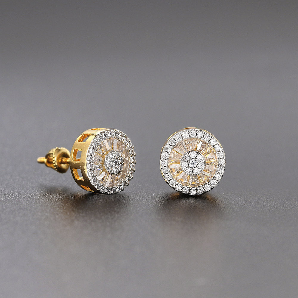 G1. Round Full Diamond Earrings, Zircon Micro-Inlaid