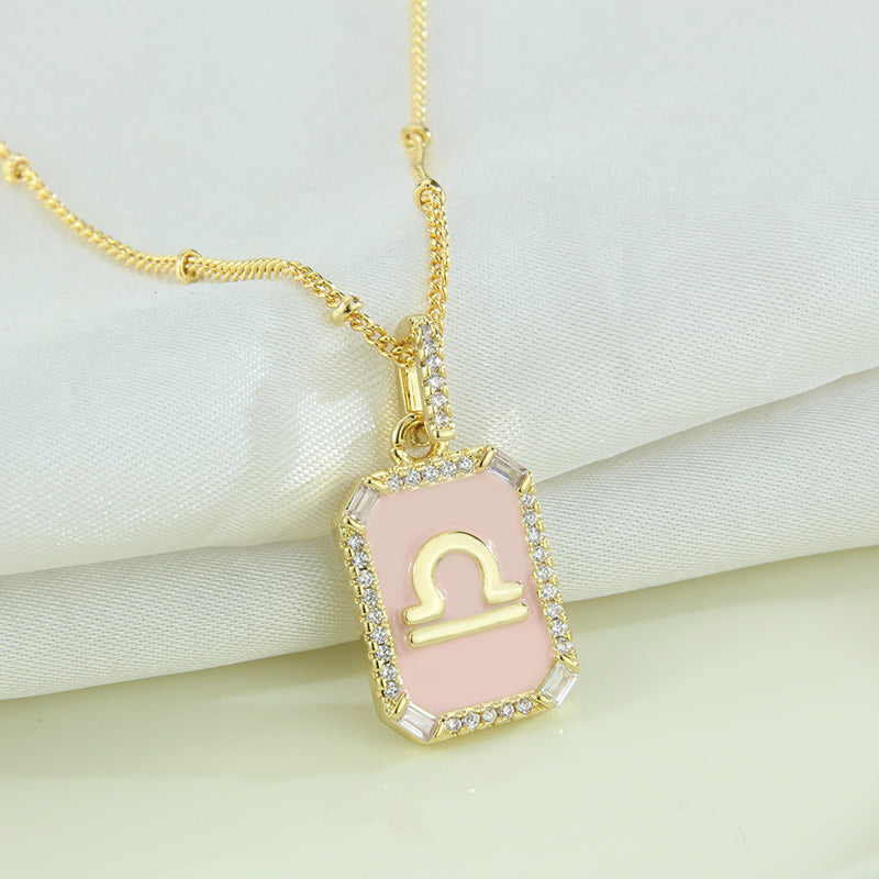 G1. Twelve Constellations Necklace Gold Plated Pink Drop Oil Pendant