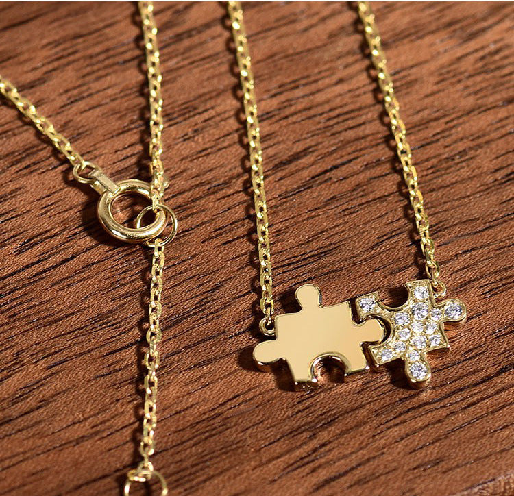 G1. Jigsaw Sterling Silver Necklace Gold Plated Zircon 925 Silver Jewelry