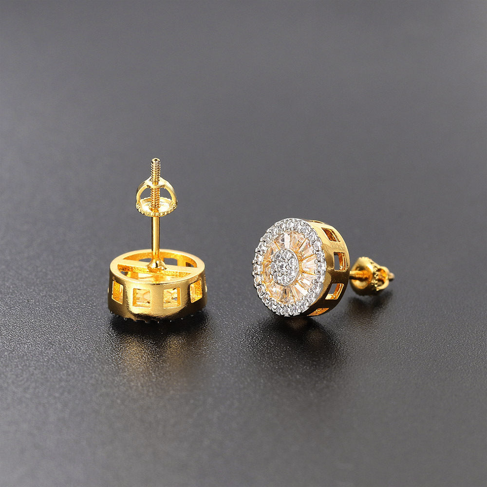 G1. Round Full Diamond Earrings, Zircon Micro-Inlaid