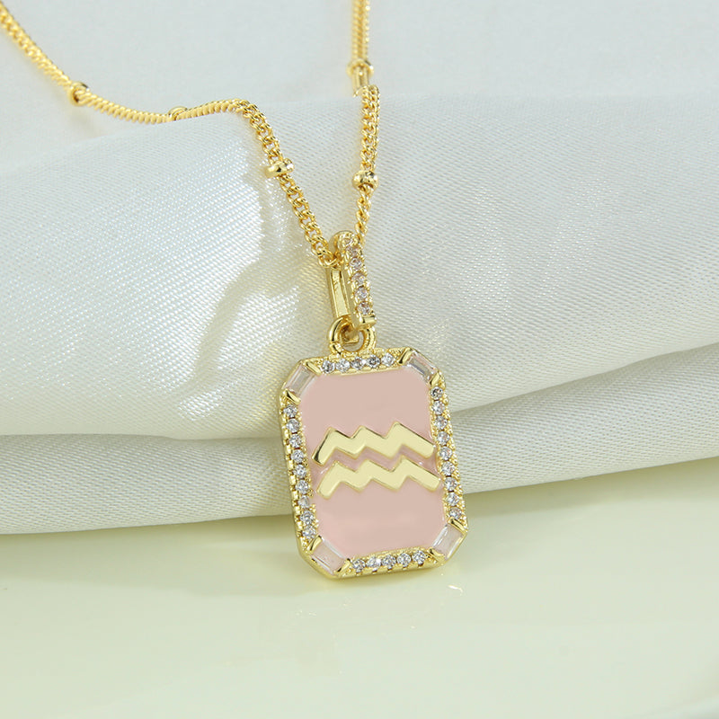 G1. Twelve Constellations Necklace Gold Plated Pink Drop Oil Pendant