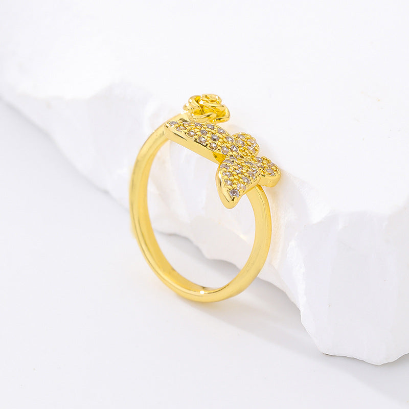 G1. Butterfly Micro Inlaid Zircon Open Ring Brass Gold Plated