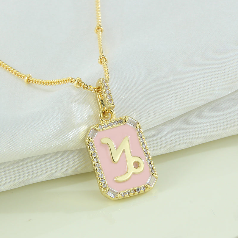 G1. Twelve Constellations Necklace Gold Plated Pink Drop Oil Pendant