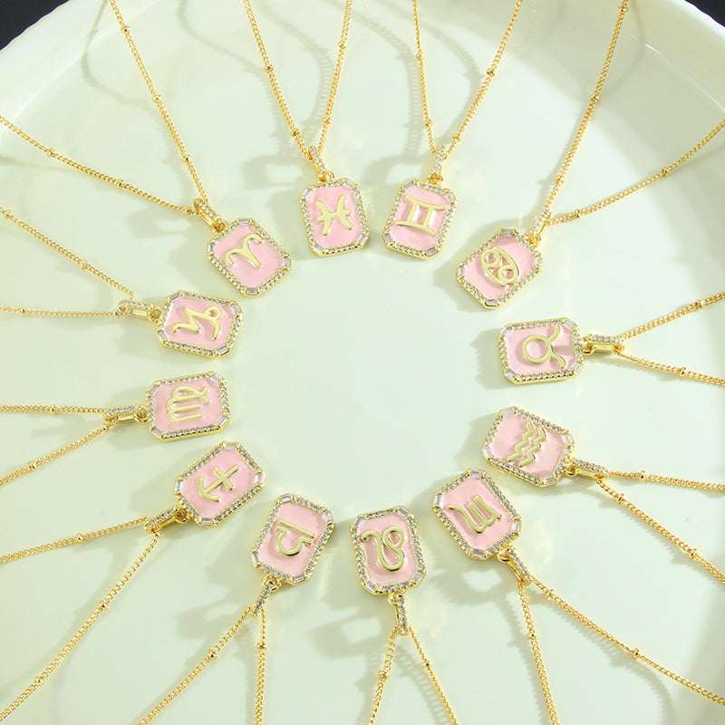 G1. Twelve Constellations Necklace Gold Plated Pink Drop Oil Pendant