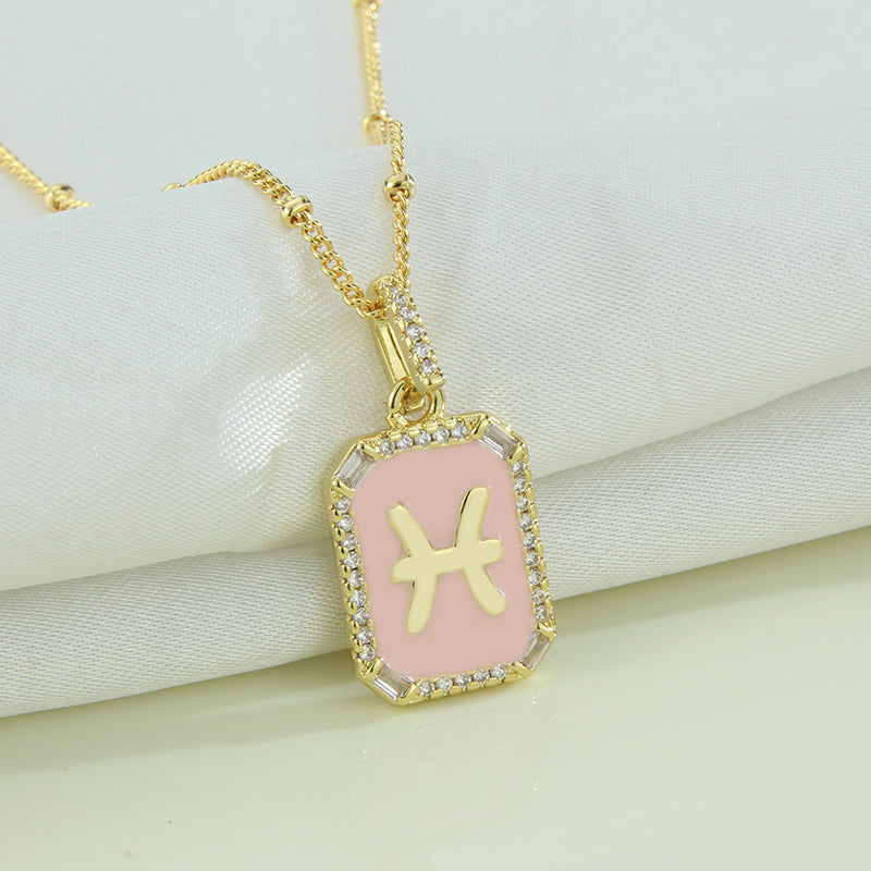 G1. Twelve Constellations Necklace Gold Plated Pink Drop Oil Pendant