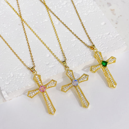 G1. Gold Plated Cross Pendant Necklace, Vintage Zircon Chain Women's Jewelry