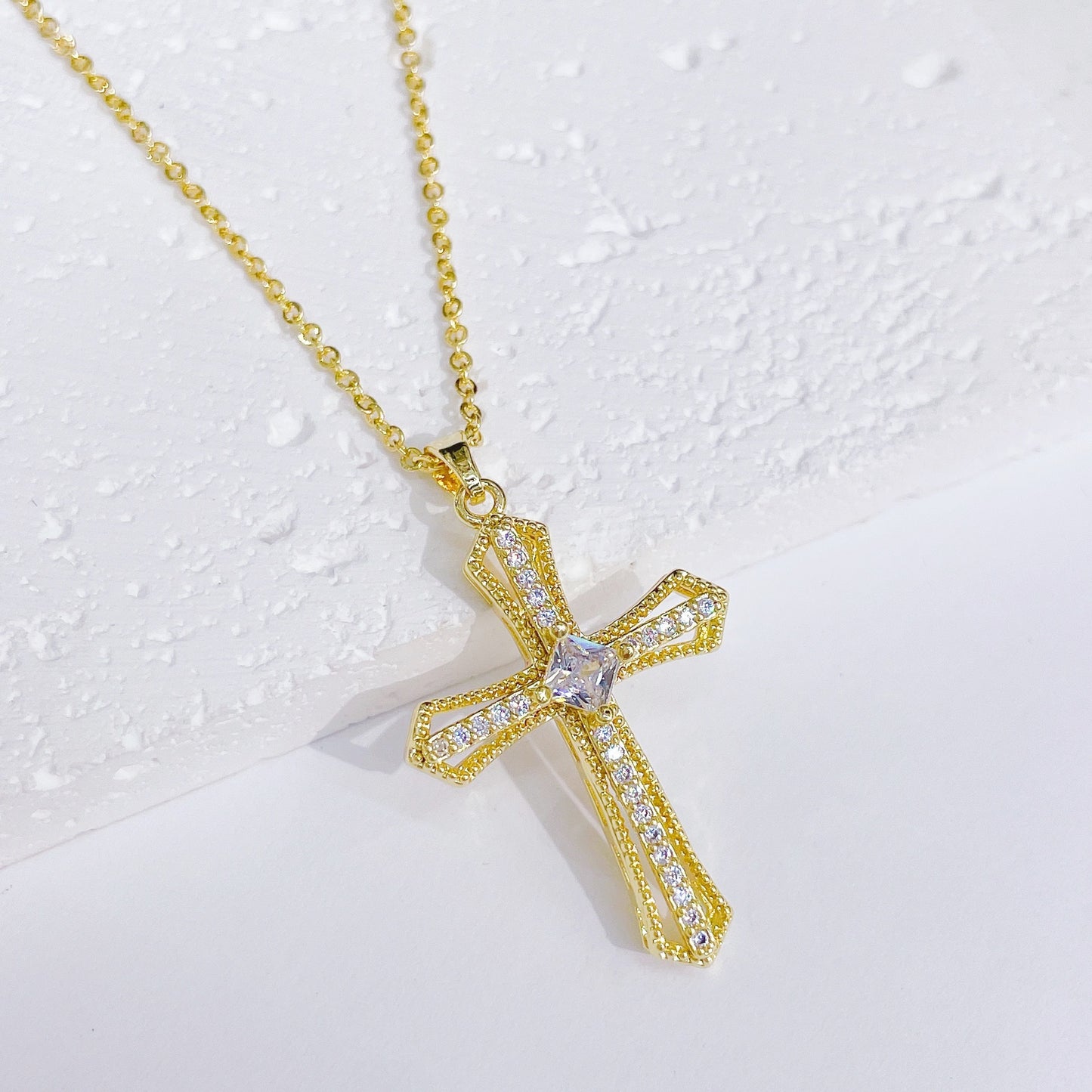 G1. Gold Plated Cross Pendant Necklace, Vintage Zircon Chain Women's Jewelry